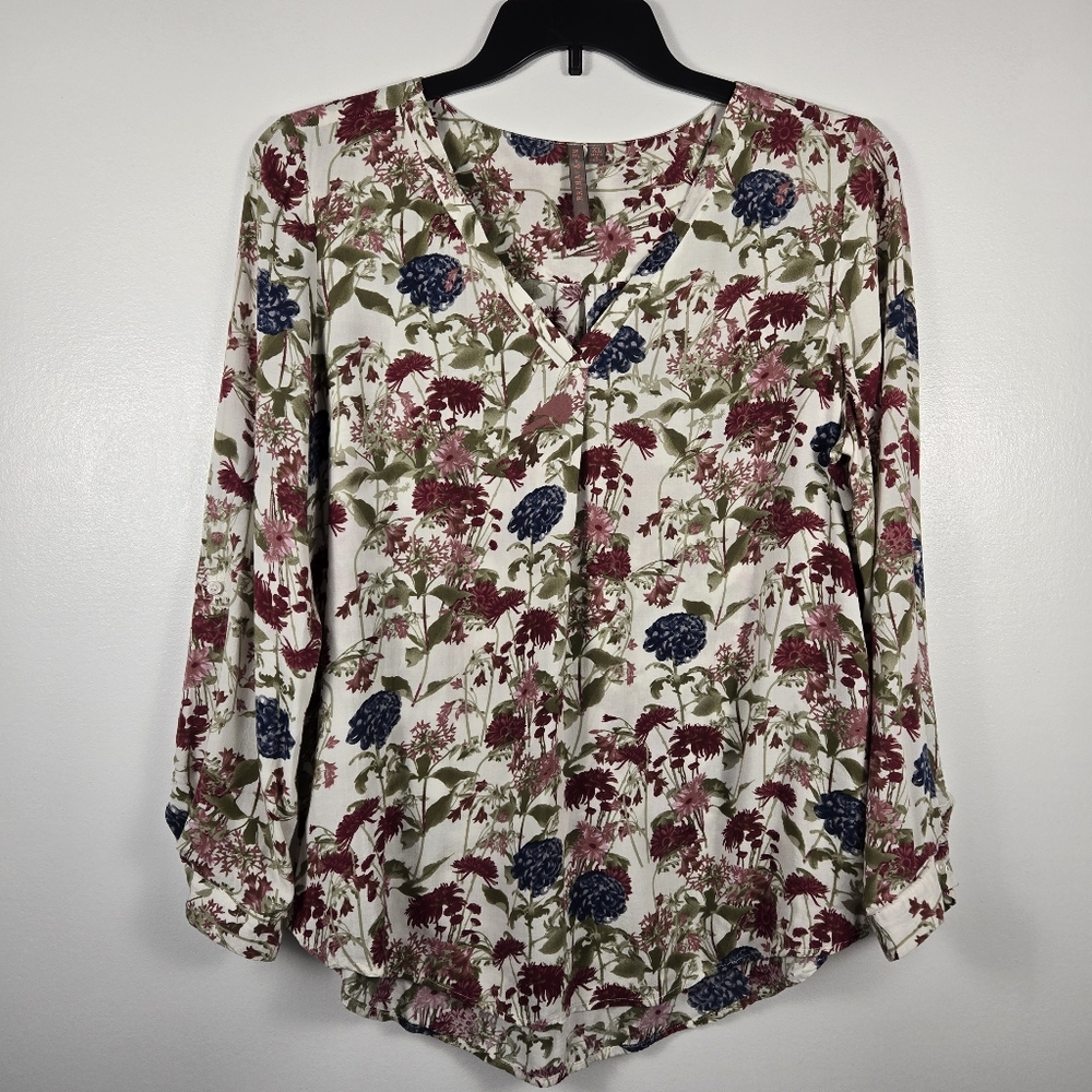 Brina & Em Floral Roll Tab Long Sleeve Henley Button Tunic Top Size XL